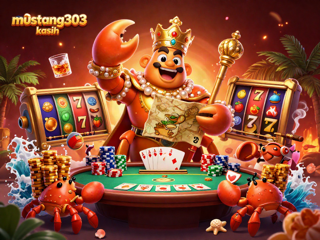 Engage with mustang303 kasih, where the golden crab emperor leads a vibrant casino scene filled with slots and poker elements.
