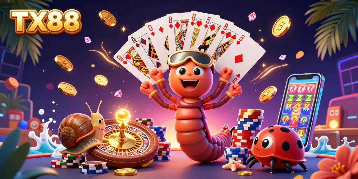 Experience TX88's thrilling casino excitement with a cartoon millipede dealer and vibrant game elements.