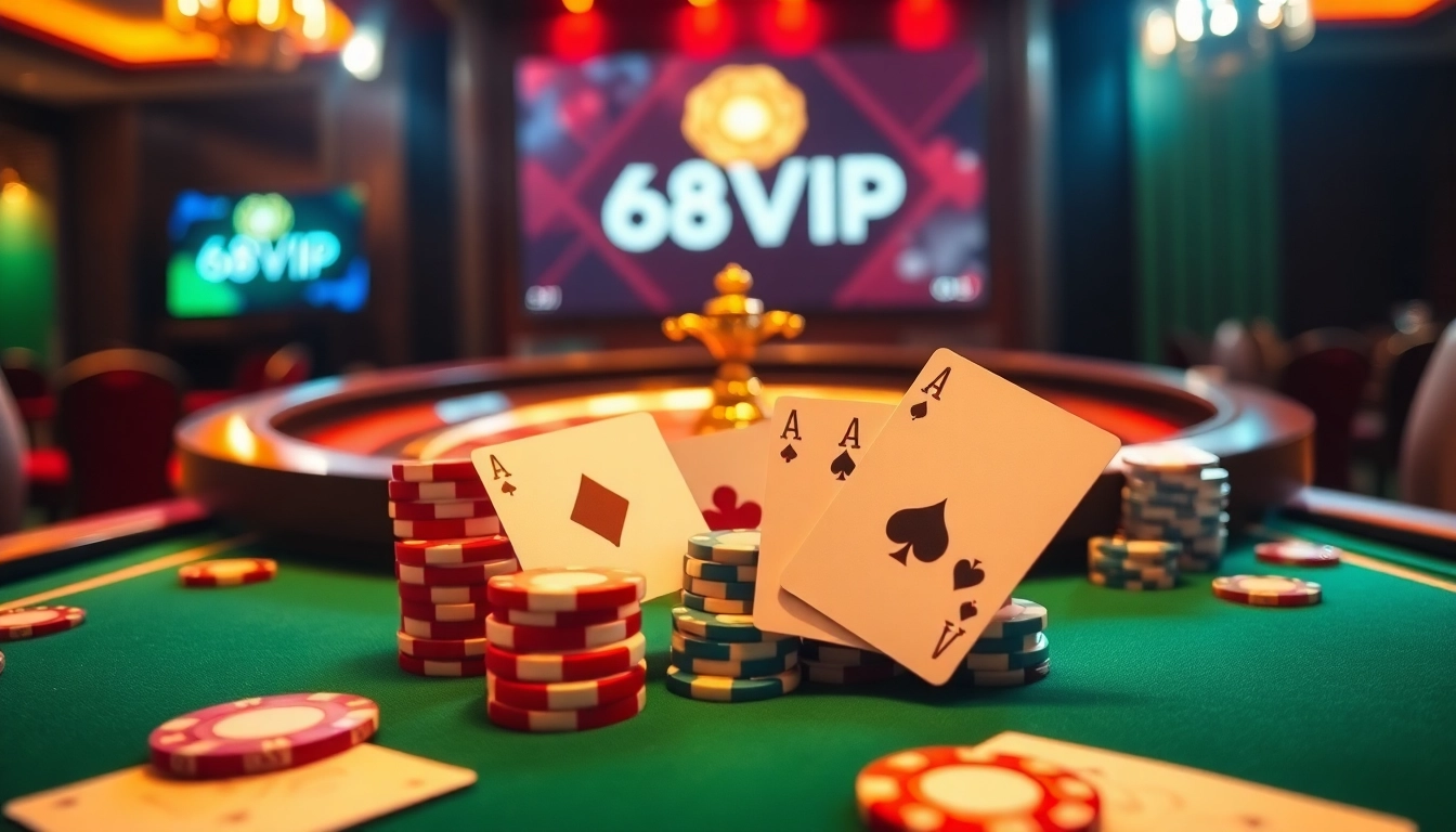 Experience the excitement of 68VIP as a player interacts with vibrant poker chips at a luxurious casino table.