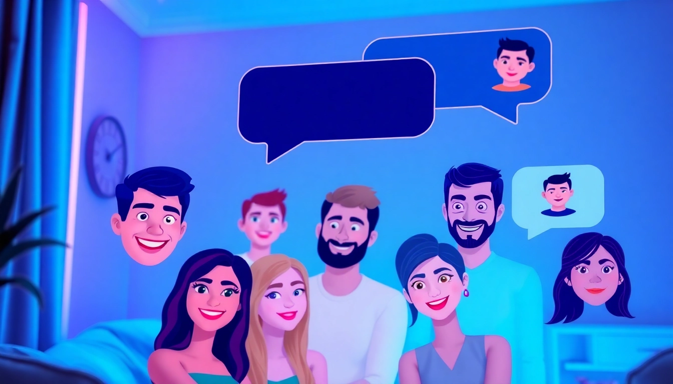 The chat interface of a porn AI chat showcasing diverse avatars and playful speech bubbles.