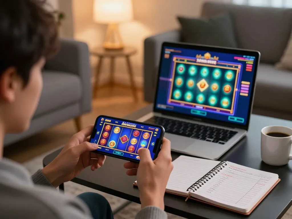 Engaging smartphone screen displaying slot gacor gampang menang gameplay, capturing the excitement of mobile gambling in a cozy home setting.