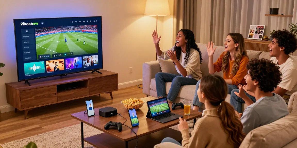 Friends enjoying a movie night using Pikashow for streaming, vibrant living room setup with a smart TV.