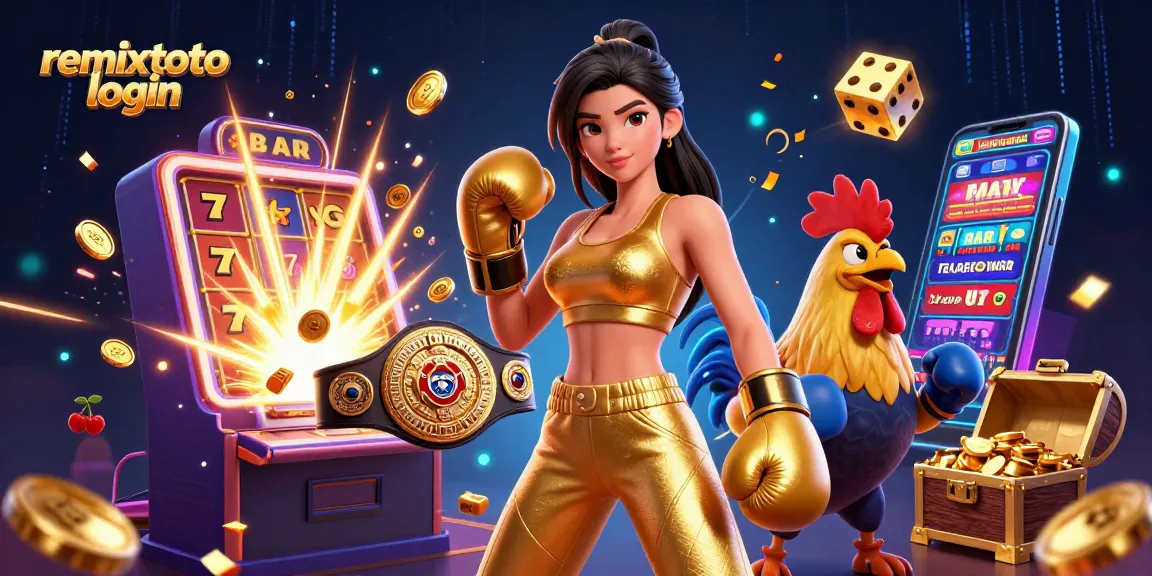Experience remixtoto login excitement with a dynamic 3D casino illustration showcasing vibrant gaming elements.