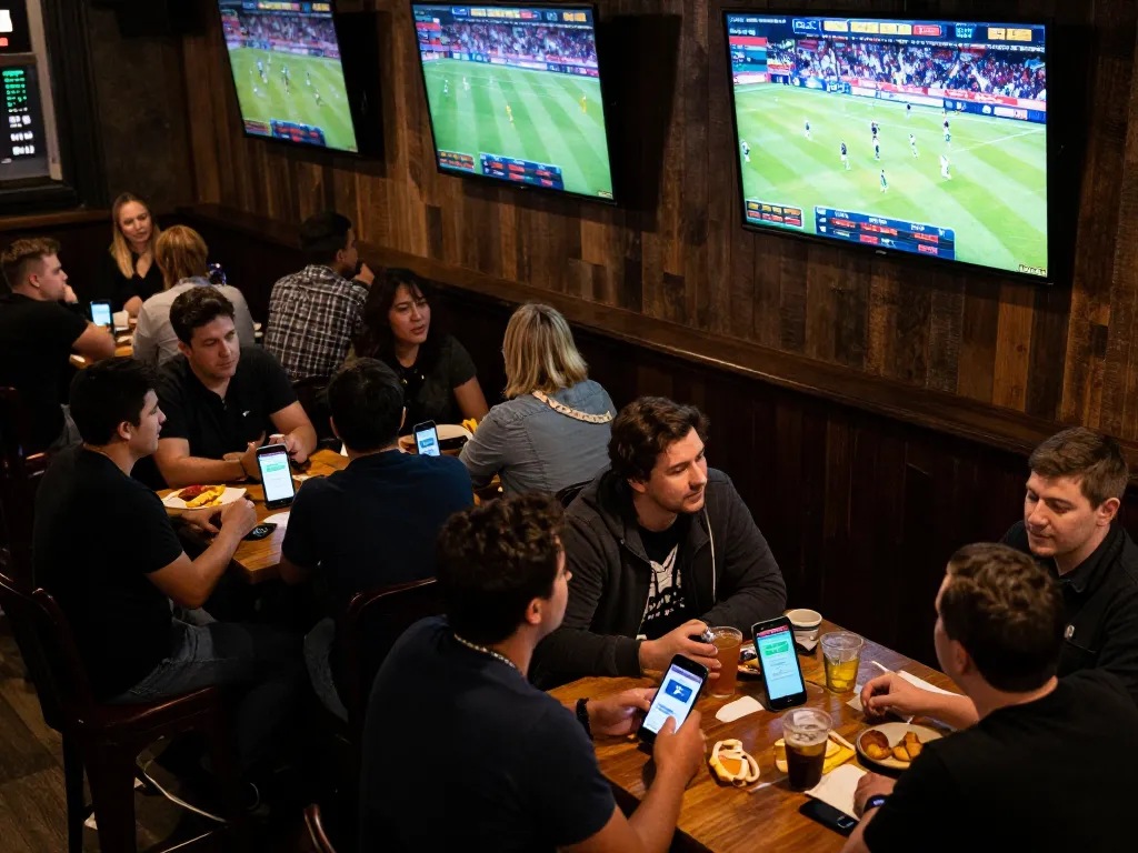 Engaged sports betting fans analyzing data and placing bets on nowgoal in a lively sports bar atmosphere