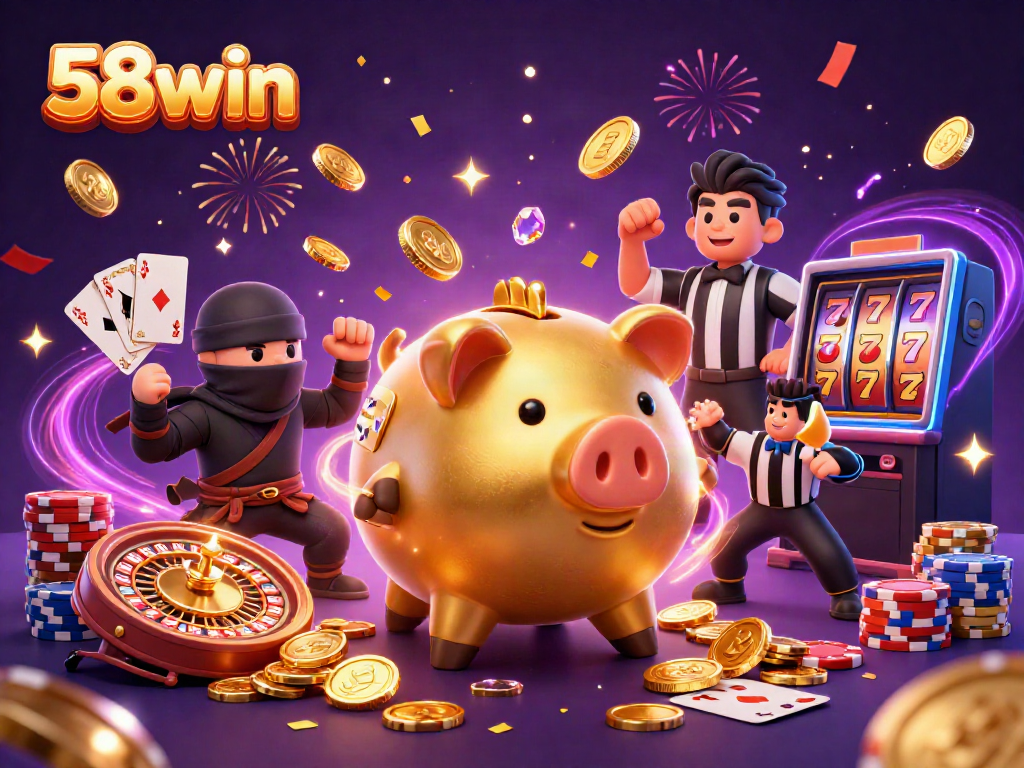 Experience the excitement of 58win with dynamic characters and vibrant casino elements in this stunning illustration.