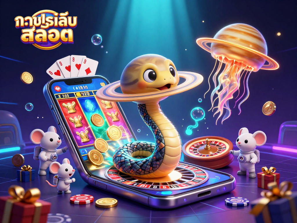 Engage in ทดลองเล่นสล็อต with astronauts betting on Saturn's rings in this vibrant 3D casino scene.