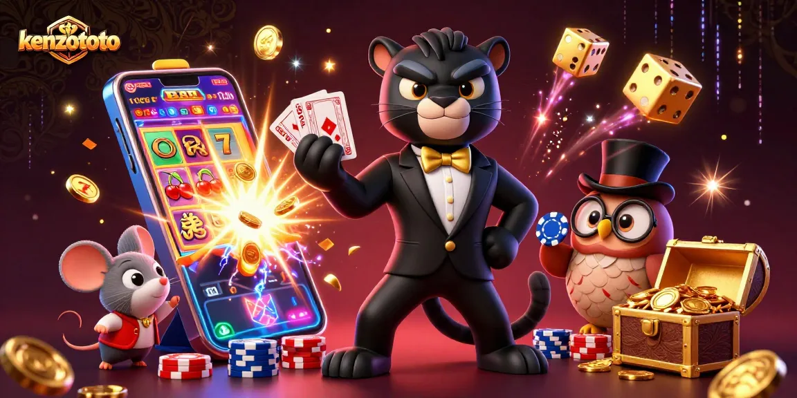 Experience the thrill with kenzototo: Stylish characters among vibrant casino elements and jackpot symbols.