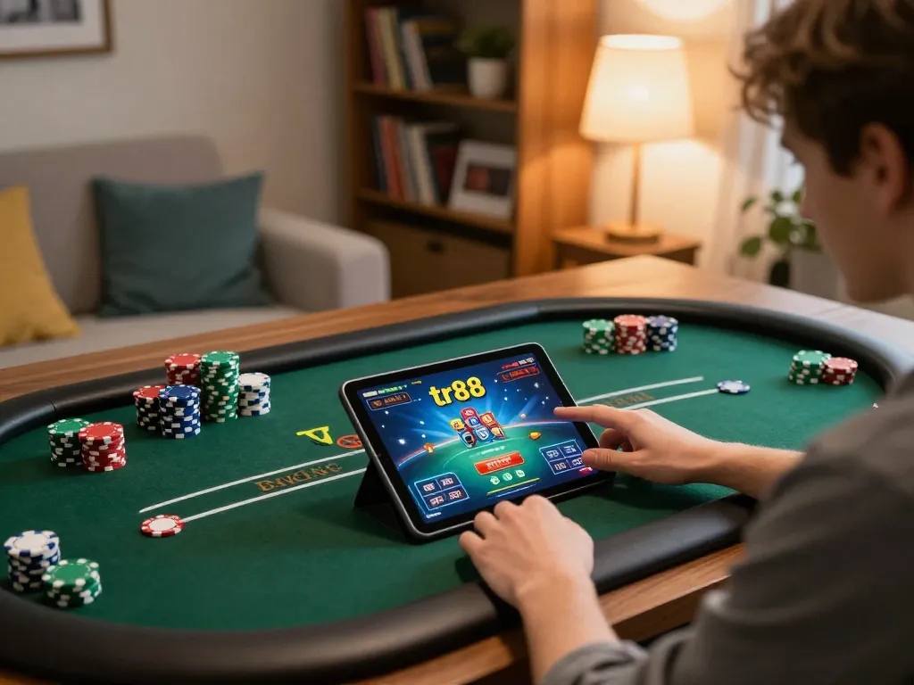 Engaging in tr88 poker game on tablet at stylish home gaming setup, showcasing vibrant interface and focus on strategy