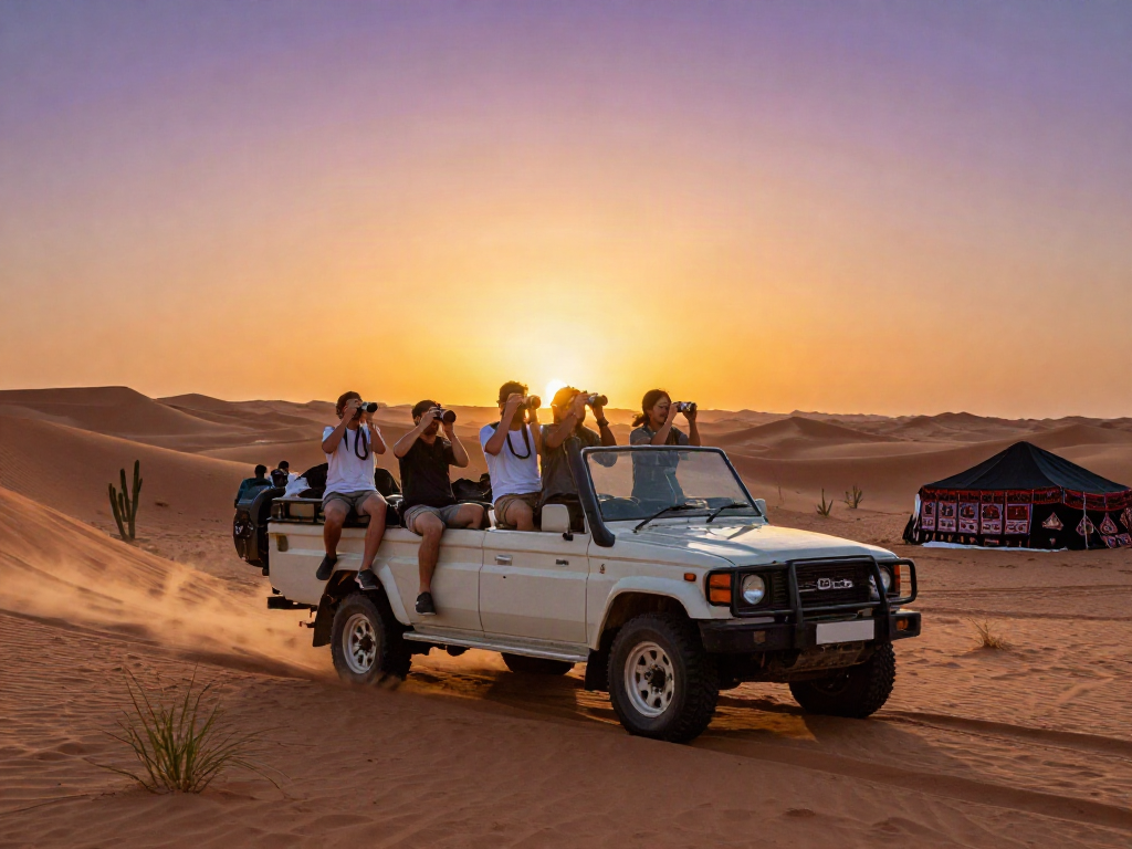 Travel adventurers enjoying a desert safari during sunset, capturing moments in a 4x4, with picturesque dunes in view, showcasing the thrill of exploration.
