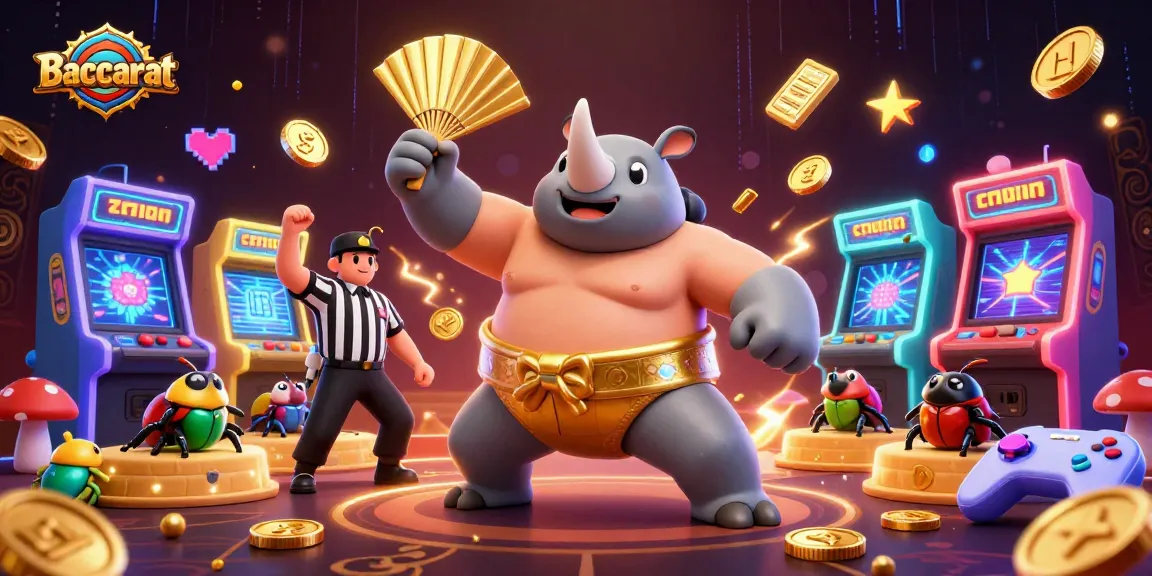 Baccarat scene with a rhinoceros beetle champion celebrating and coins flying in a vibrant casino atmosphere