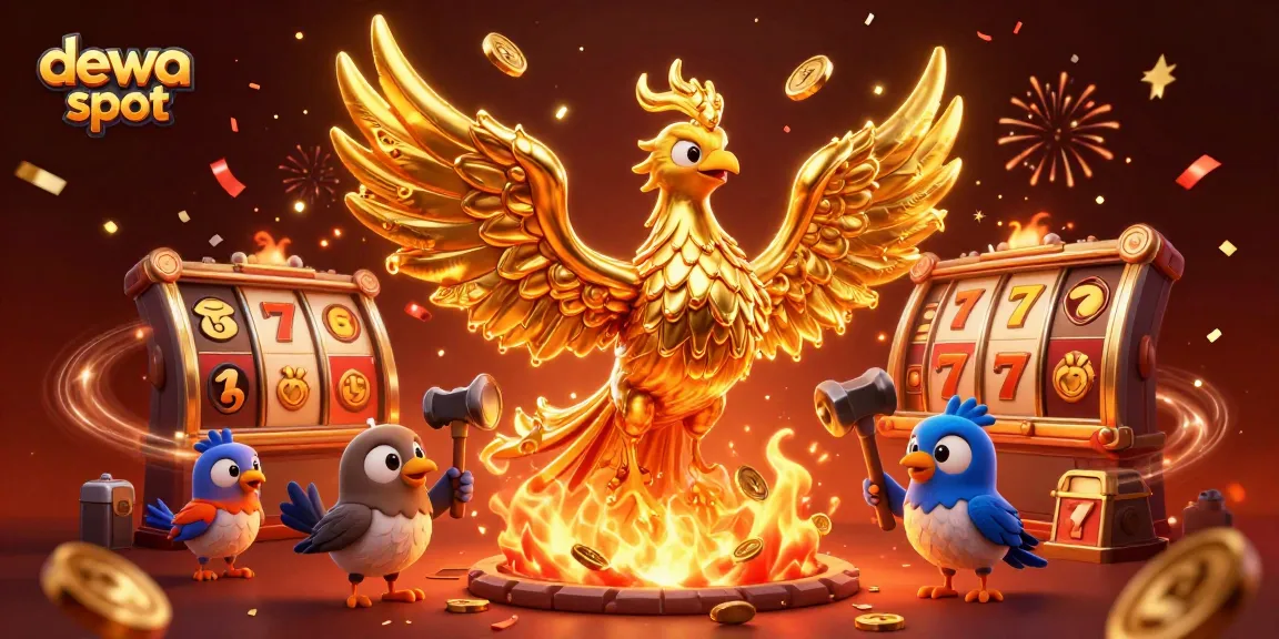 Engage with dewa slot dynamically illustrated, featuring a molten phoenix, jackpot symbols, and vibrant casino elements.