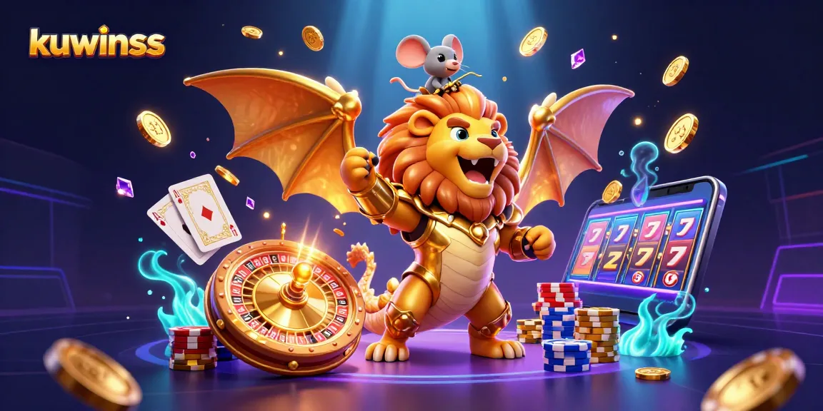 Kuwinss showcases vibrant casino excitement with a chimera and mouse jockey amidst flying coins and gems.