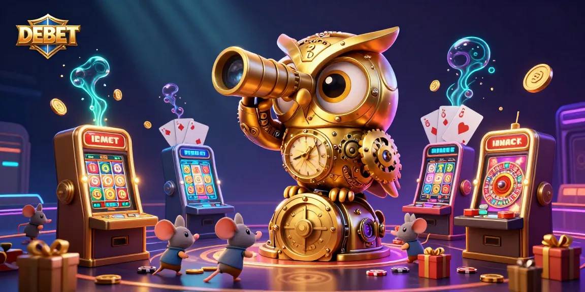 Experience the excitement of DEBET with a dynamic casino scene featuring a golden owl, playful mice, and vibrant gaming elements.