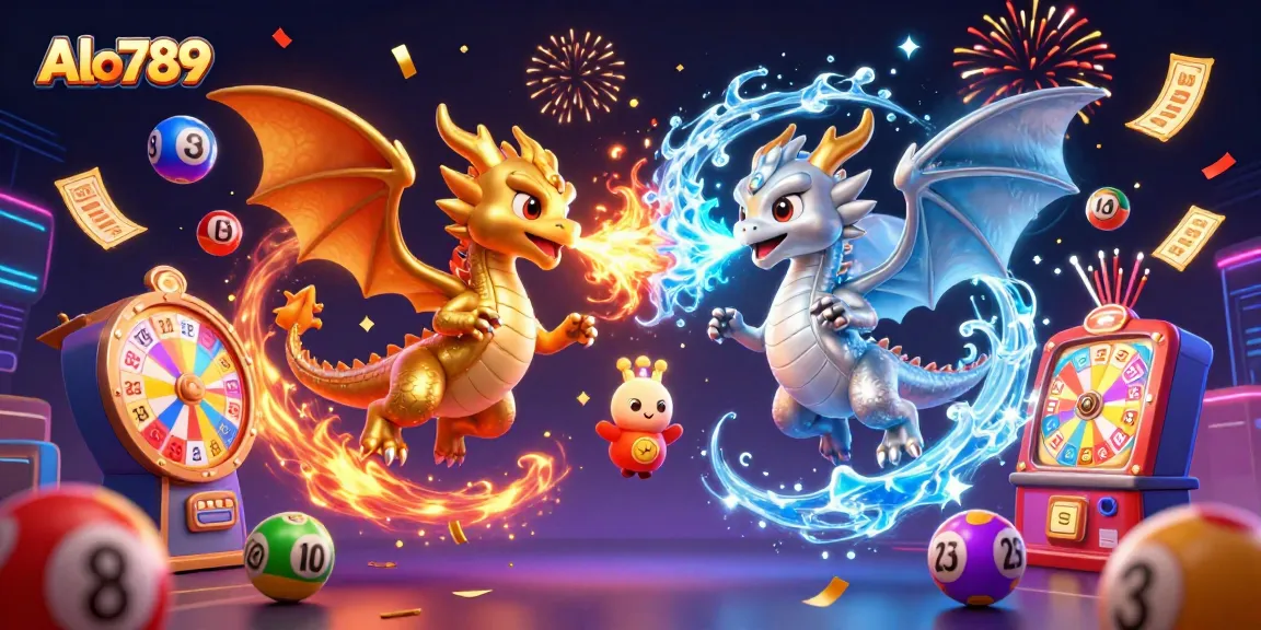 Alo789 showcases dynamic dragons in a magical casino scene with colorful lottery elements.