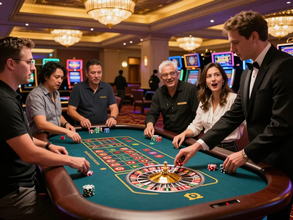 Pemain menikmati permainan roulette yang mendebarkan di situs toto, suasana kasino yang hidup dengan chip dan kegembiraan.