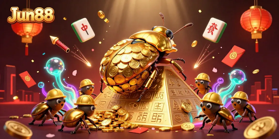 Engage with Jun88's thrilling casino adventures as a massive golden beetle rolls gold coins!