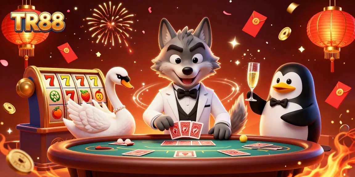 Experience the thrill of TR88 with a cartoon wolf, swan, and penguin at a vibrant casino
