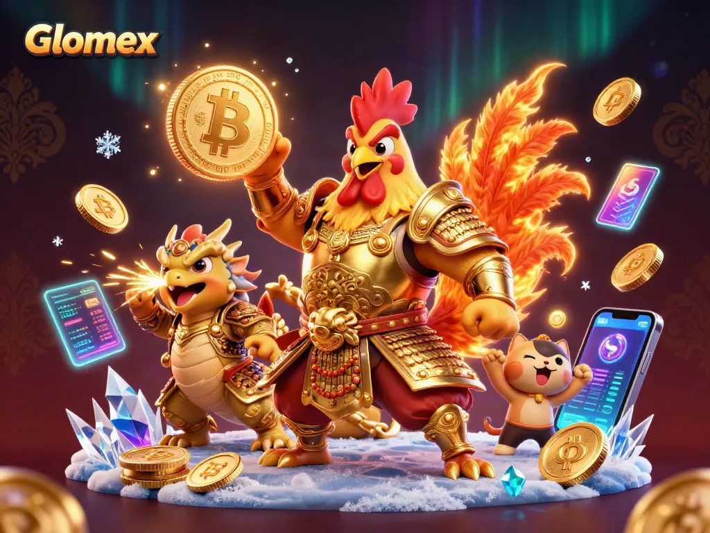 Glomex showcases a vibrant casino scene with a fighting rooster and dragon, packed with crypto coins.