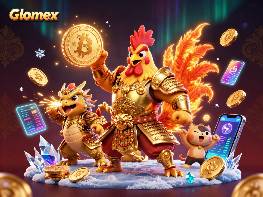 Glomex showcases a vibrant casino scene with a fighting rooster and dragon, packed with crypto coins.