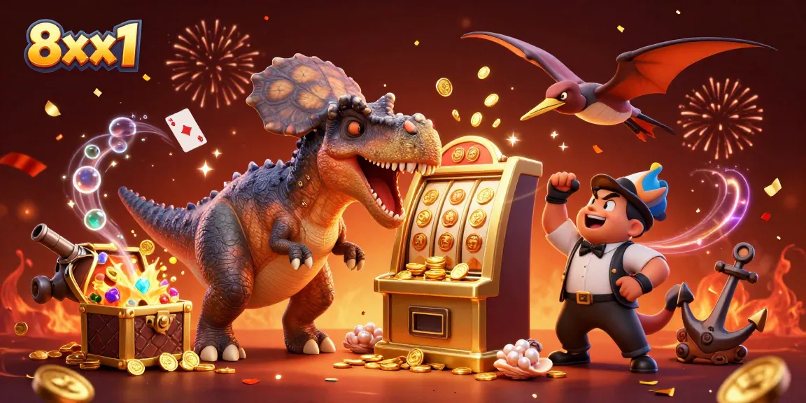 Watch the 8xx1 pachycephalosaurus win a jackpot at a vibrant casino scene amidst flying coins and colorful animations.