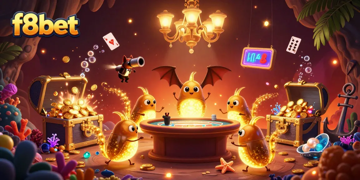 Join the vibrant f8bet team of glowworms in a dynamic cave casino adventure, featuring gaming treasures and colorful elements.