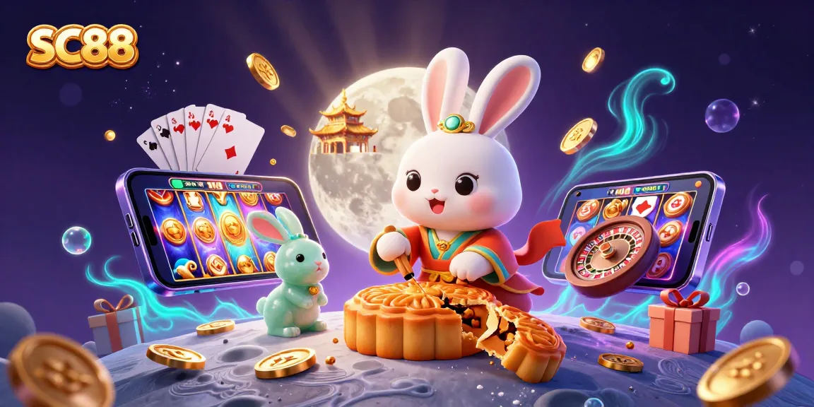 Engage with the SC88 online casino experience through a vibrant scene with a moon rabbit and gaming elements.