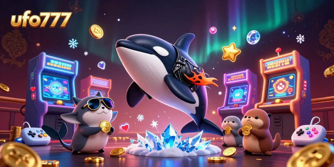 Engage with ufo777 in this vibrant 3D cartoon scene featuring sea creatures and arcade game elements.