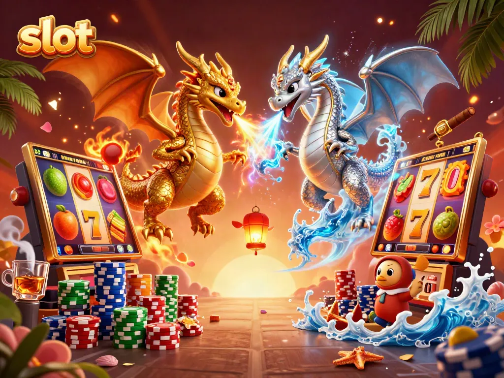 Permainan slot dengan naga 3D terbang dan simbol buah berwarna-warni di sekitar mereka.