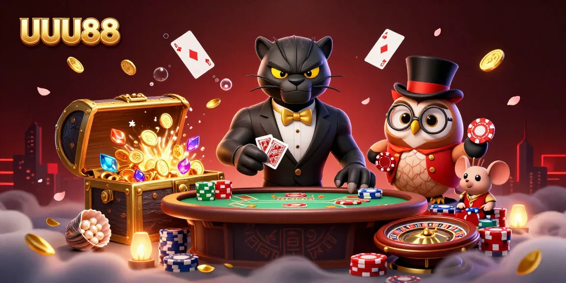 Experience UUU88 with a stylish panther dealing cards in a vibrant casino scene full of excitement.