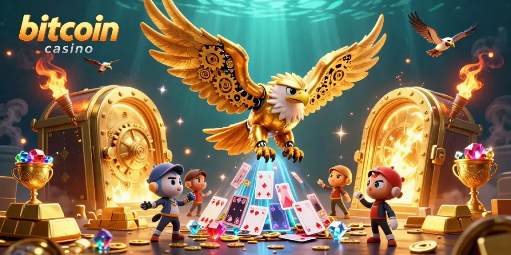 Experience excitement of bitcoin casino with a golden eagle diving through holographic cards.