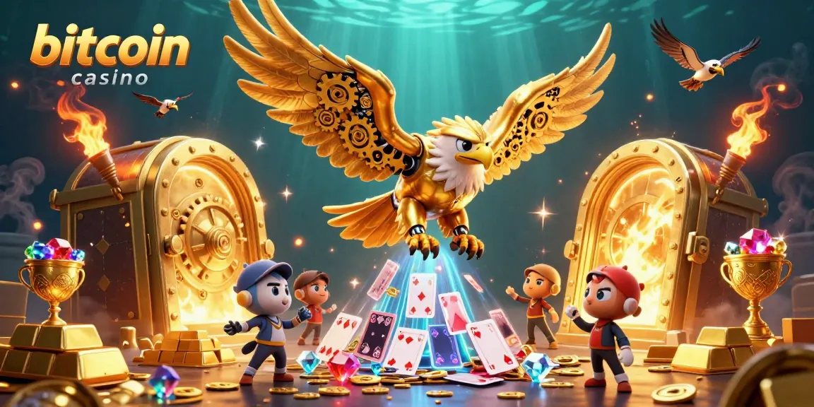 Experience excitement of bitcoin casino with a golden eagle diving through holographic cards.