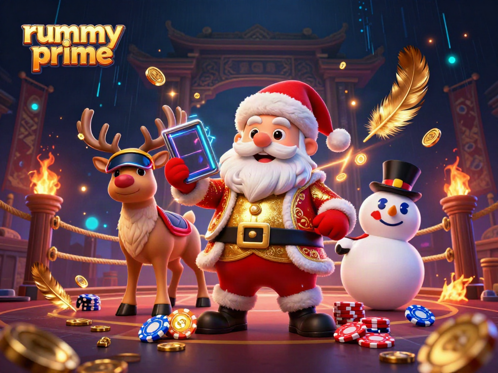 Experience the vibrant rummy prime gaming scene with Santa and friends in a colorful casino setting.