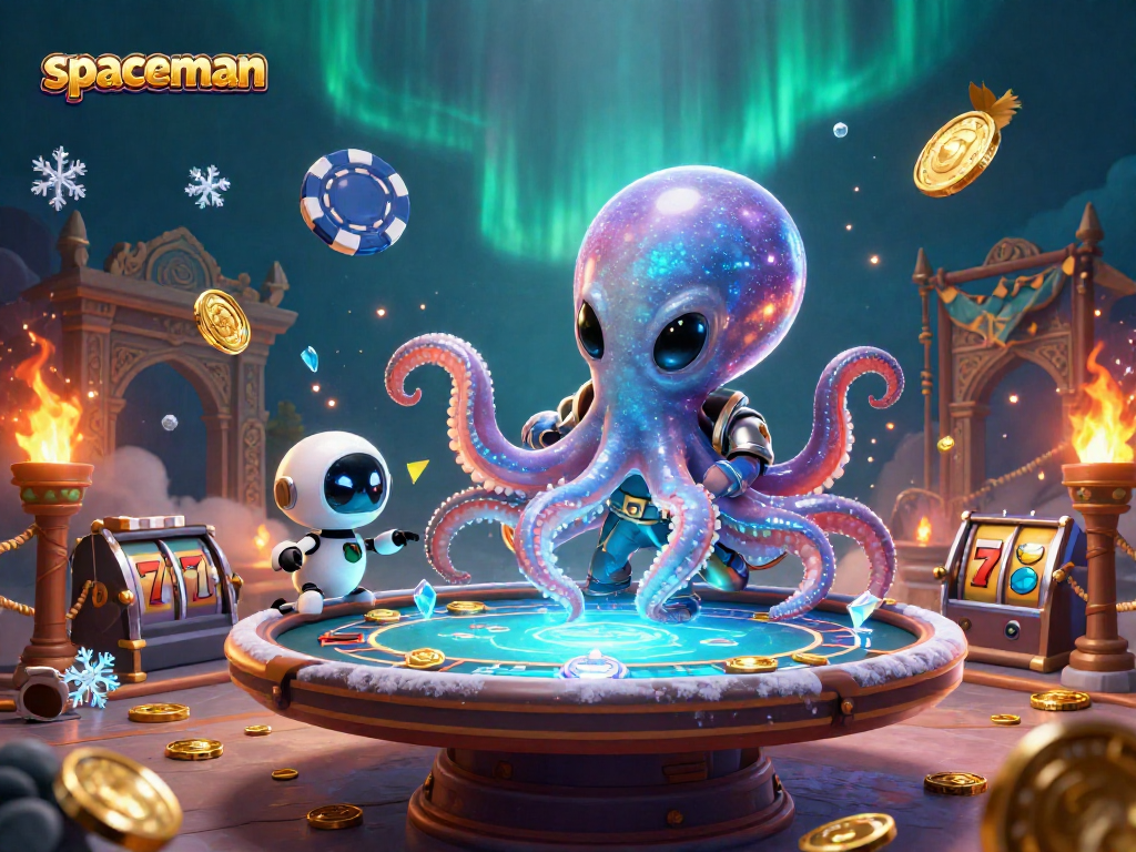 Engage with the spaceman octopus at a holographic poker table surrounded by casino elements and vibrant space scenery.