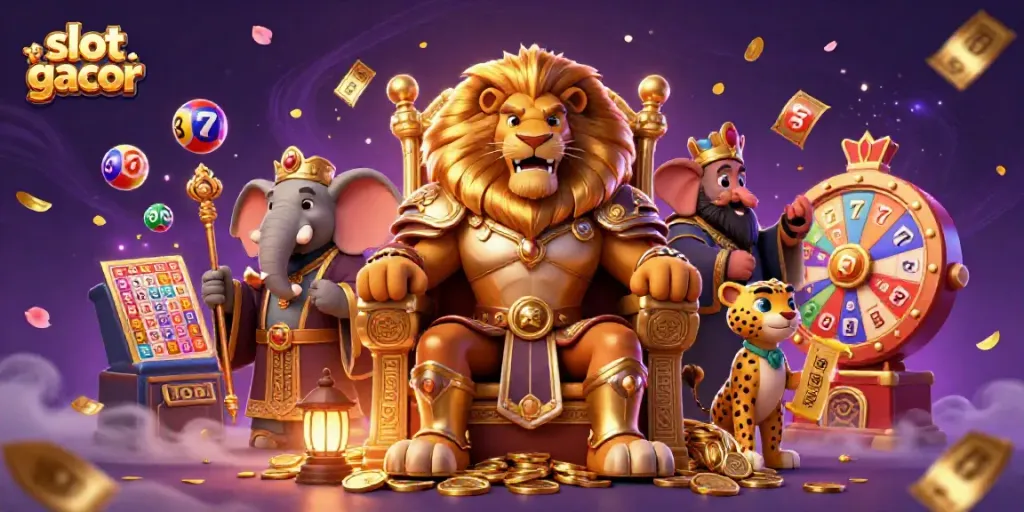 Engaging 3D scene depicting the slot gacor lion king on a throne, surrounded by vibrant gaming elements.