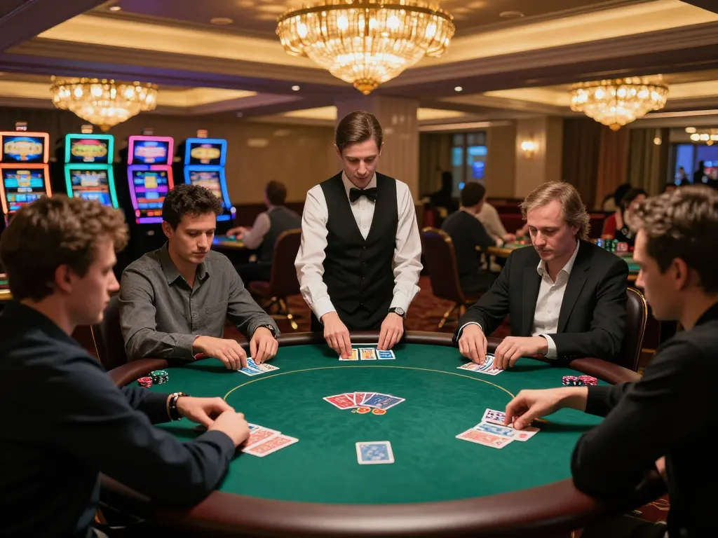 Pemain merencanakan langkah menang mereka dalam permainan poker mpo777 dikelilingi oleh suasana kasino yang mewah.