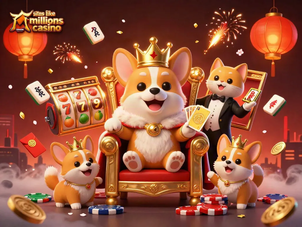 Experience engaging slots like hello millions casino with a royal corgi and dynamic gaming elements in a festive scene.