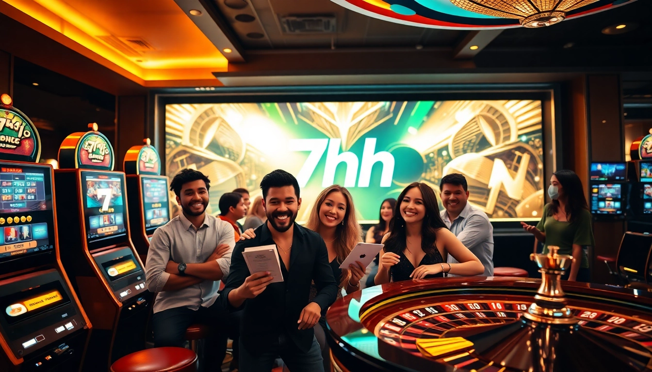 Experience the thrill of 7hh casino with vibrant slot machines and engaged players in an exciting environment.