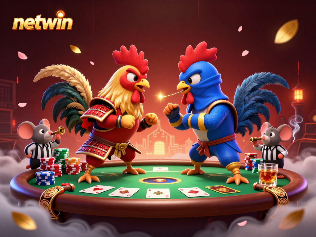 Engage in thrilling netwin play as cartoon roosters face off in a dynamic poker showdown.
