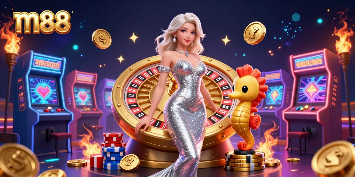 Experience m88 gaming excitement with a glamorous woman by a golden roulette wheel surrounded by vibrant arcade elements.