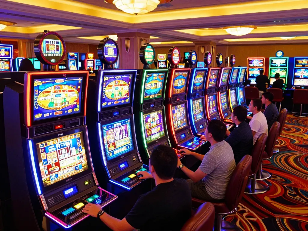 Pemain menikmati permainan slot yang mendebarkan di lingkungan kasino yang hidup dengan mesin yang berwarna-warni dan suasana yang dinamis.