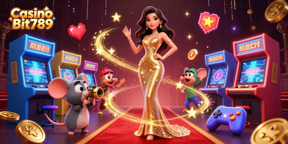 Play at Casino Bit789 with a glamorous illustration showcasing vibrant characters and exciting game elements.