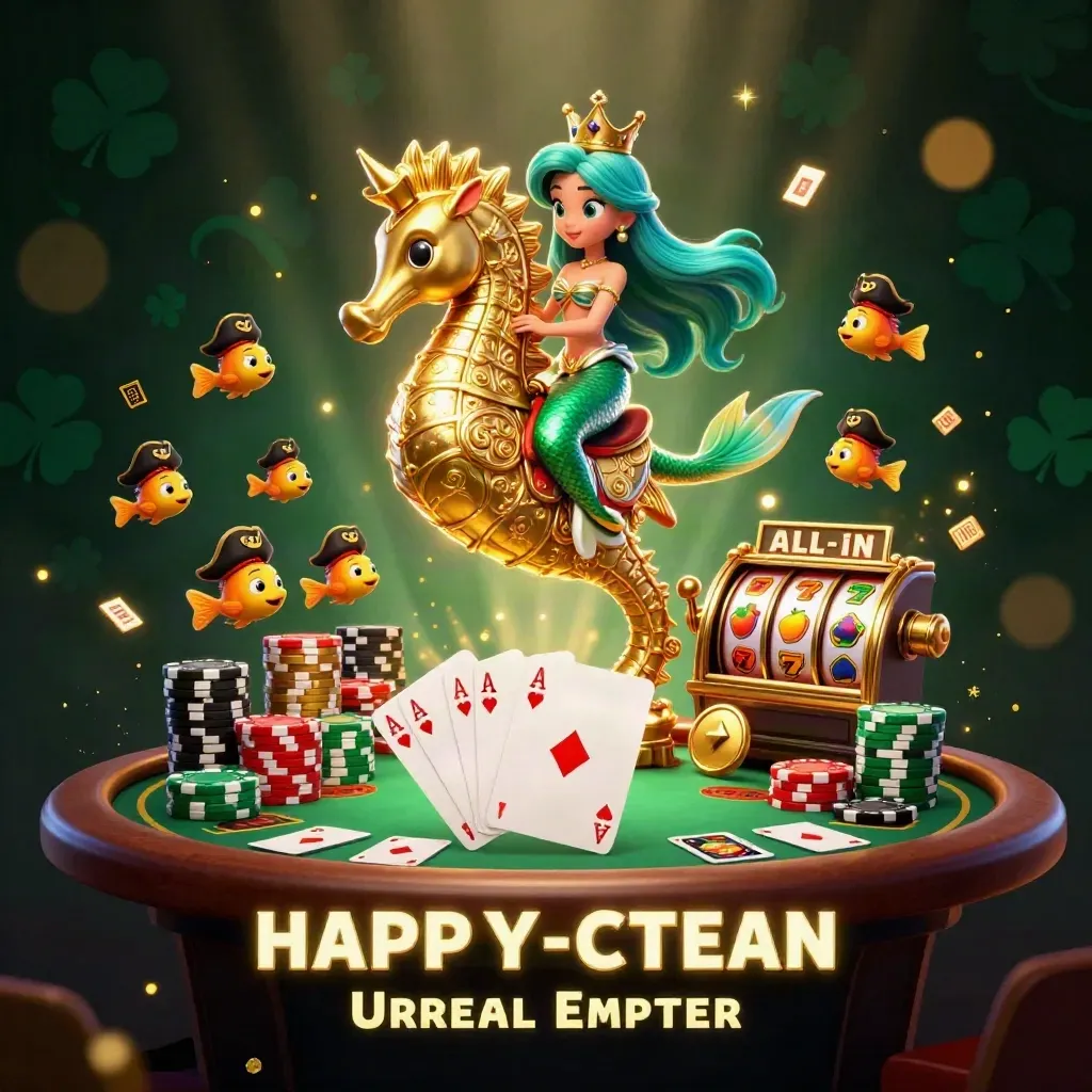 Turquoise mermaid princess on gold seahorse amid glowing casino treasure and slot symbols.