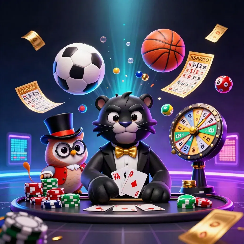 Black panther, owl, and mouse amid casino sports props, glowing balls, chips, and neon light