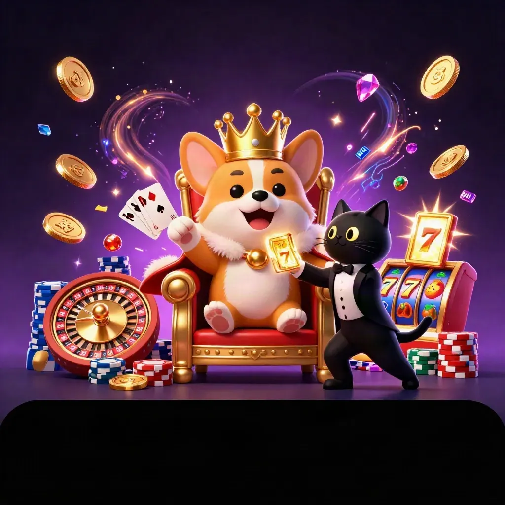 Royal corgi and cat butler amid gold coins, chips, reels, and neon casino magic.