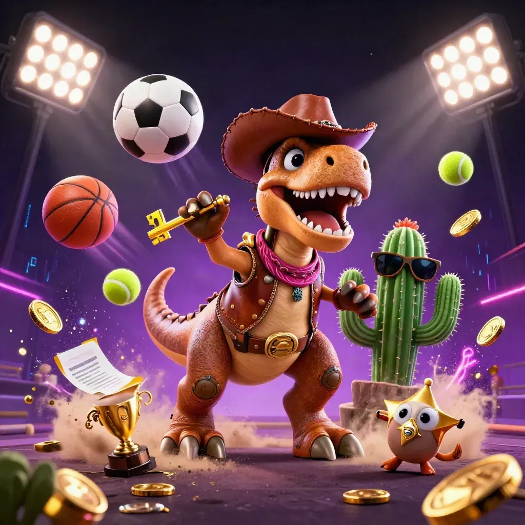Cowboy T-Rex trio, flying sports balls, coins, trophy, neon floodlights, dark purple casino sky