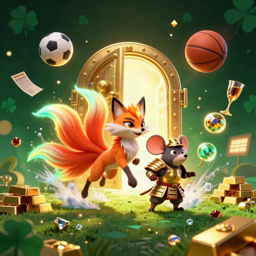 Neon fox spirit and gold-armored mouse amid vault burst, balls, gems, and casino light
