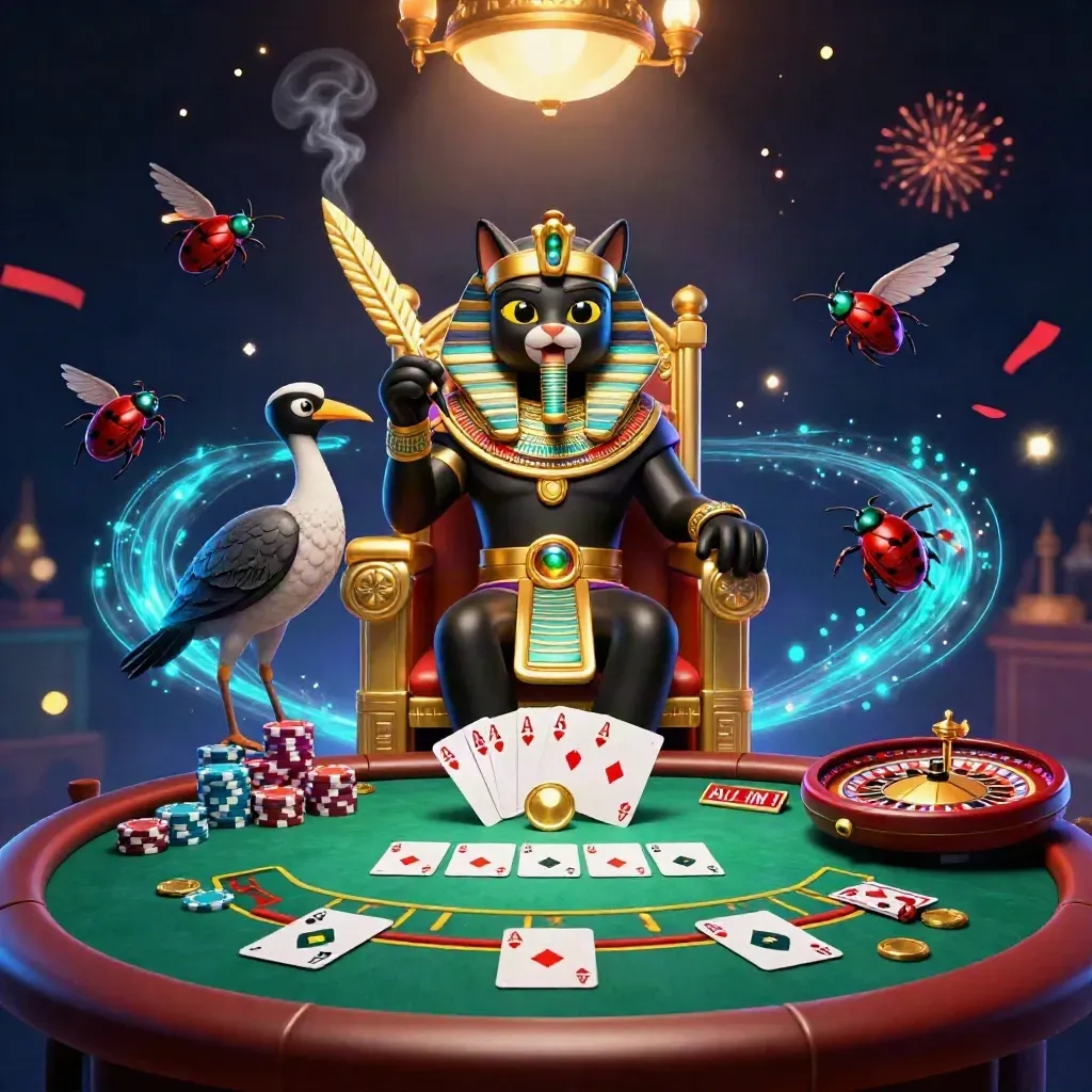 Pharaoh cat, ibis scribe, and gem-winged scarabs amid casino tables, chips, fireworks, and neon glow