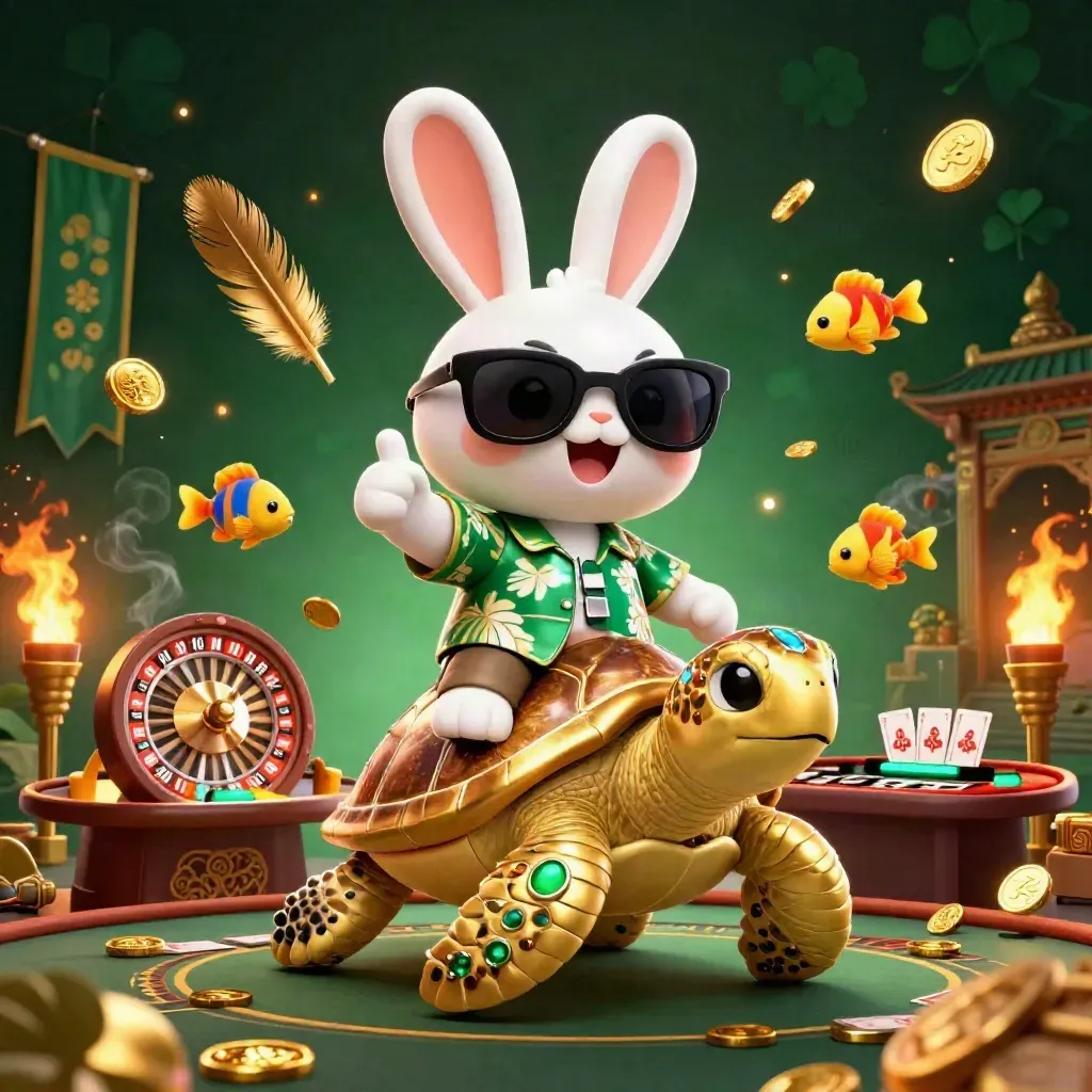 Cartoon rabbit on a gem-shelled golden turtle amid casino lights, coins, fish, and temple glow