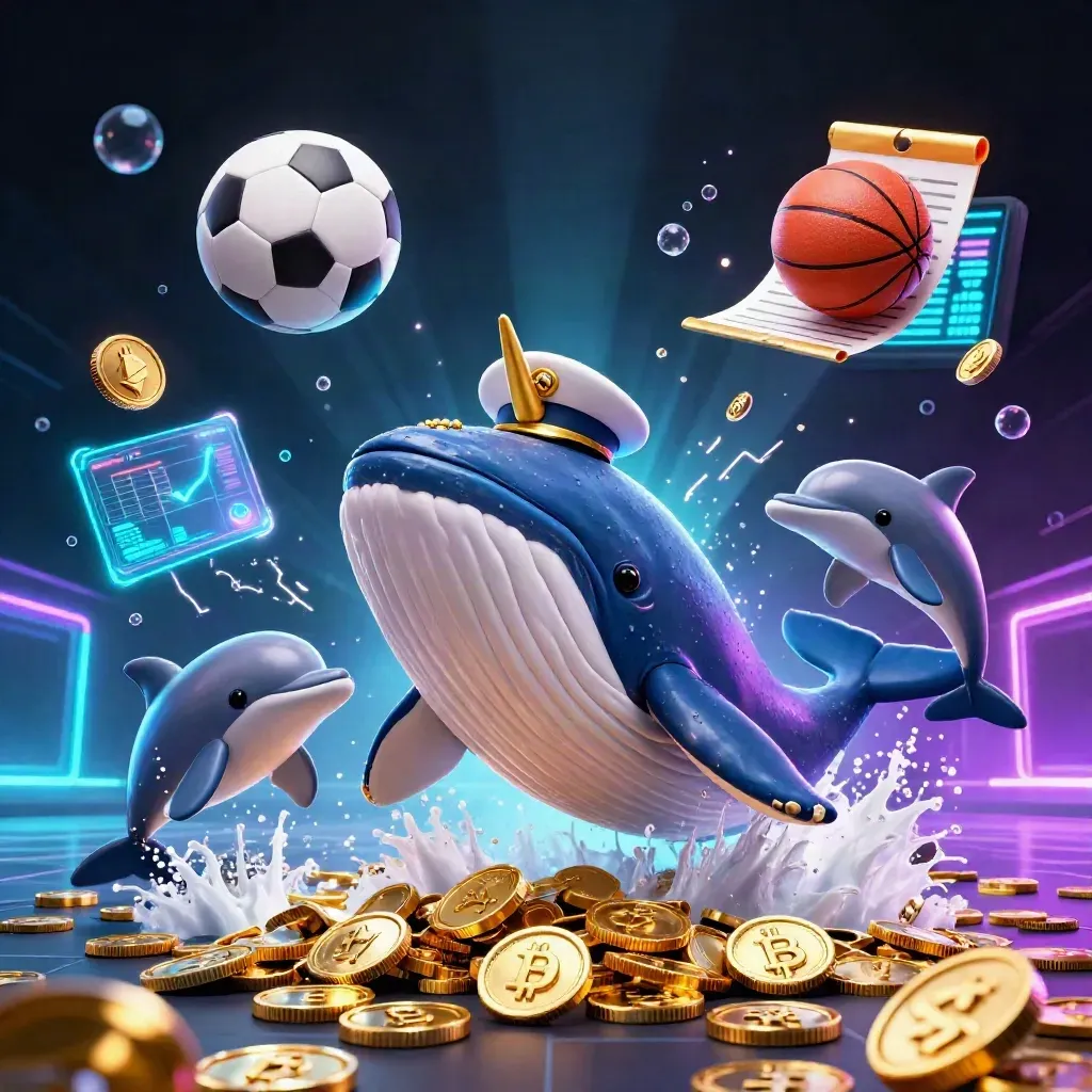 Whale captain, narwhal, dolphins, coins, sports balls, and neon casino effects bursting in a dark sea.