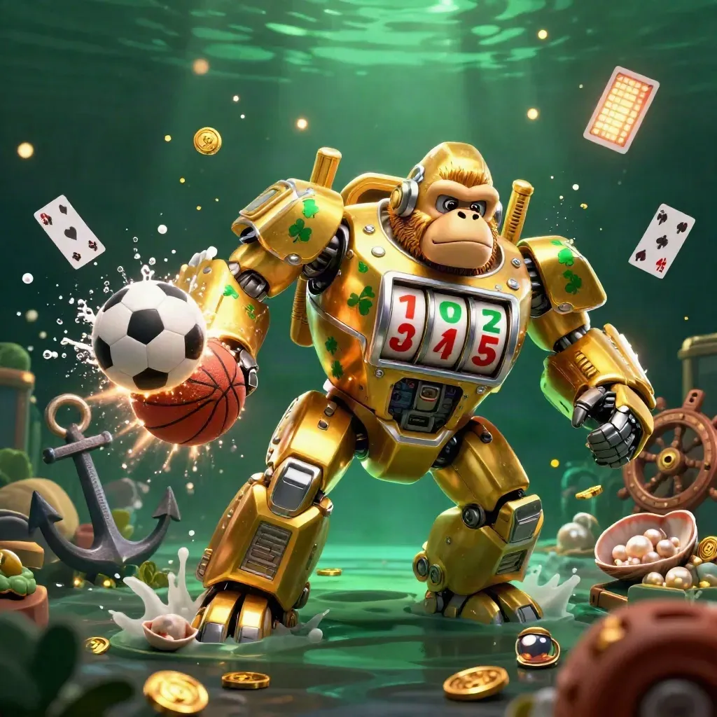 Golden gorilla mech, monkey pilot, sports balls, treasure cove coins, and blazing casino light.